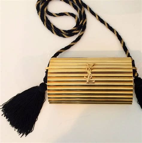 YSL Vintage Gold Metal Black Tassel Evening Bag / Clutch 